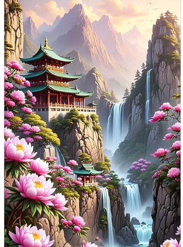 QQYRHN 5D Dachboden Arkitektur Diamond Painting Kit för vuxna Anfare Blumen Diamant Kunst Kit Gör-det-själv Vattenfall Diamantklistermärke-Set Perfekt för att organisera och Dekor 30 x 40 cm