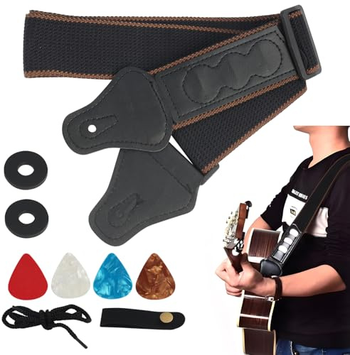 Negro Correa De Guitarra Ajustable, Tejida En Algodón Con 4 Púas, 2 Cierres De Correa De Goma Y Adaptador De Cabezal Con Hebilla, Ideal Para Guitarras Acústicas, Eléctricas Y Bajos Correa Guitarra