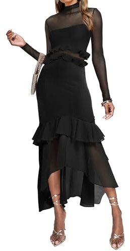 Aisbei Women's Elegant Bodycon Maxi Dress Long Sleeve Mock Neck Ruffle Mermaid Dress Formal Party Cocktail Wedding Guest Dresses-Black S