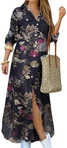 OMZIN Femme Chemise Boutonnée à Manches Retroussées pour Longue à Imprimé Floral Décontracté Robe Ample