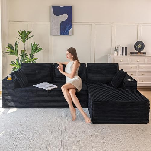 MAXYOYO 265 cm modulär sektionssoffa med L-formad schäslong, modern benlös soffa för vardagsrum, soffa i en låda, överdimensionerad bäddsoffa med djupt säte, ingen montering krävs, svart