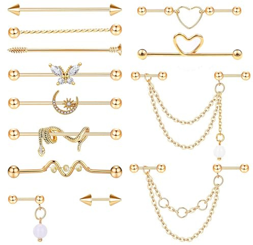 XSDSLS Pendientes de acero inoxidable con forma de hélice para mujer y niña, piercing industrial de 16 g, con forma de barra, para piercing industrial (oro)