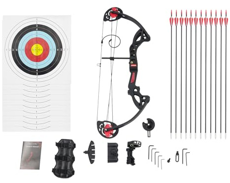 DSYOGX Set di arco composto e freccia, 16-29 lbs, peso di trazione regolabile, set di archi compound, con visiera a un pin con libellula e una freccia, per ragazzi e bambini (nero)