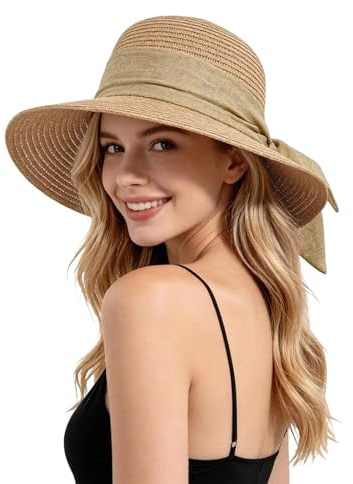 Hittriu Straw Sun Hats for Women, Foldable Bowknot Straw Hat, Wide Brim Straw Summer Hat, for Beach Travel Holiday
