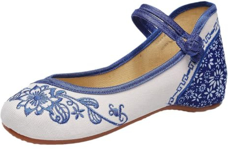 Maimeili kvinnors kinesiska broderade blommiga kilskor asiatisk traditionell Mary Jane Brida balett yoga kanvas skor gummisula, Qinghua Porslin, 37.5 EU