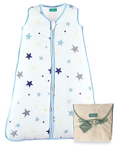 Molis&co. Saco de dormir para bebé. TOG 0,5. Ideal para verano. 0-6 meses (70 cm). Suave y ligero. Estampado de estrellas unisex en azul y beige. Gasa Premium.
