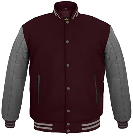 Deckra Men's Varsity Jacket Genuine Leather Sleeve and Wool Blend Letterman Boys College Varsity Jackets XXS-5XL (Maroon Grey, Medium)