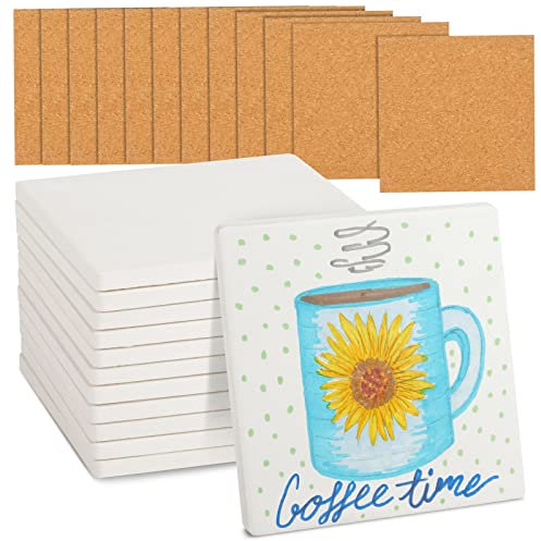Paint Your Own Coasters, 12-Pack of Blank Customisable Ceramic Tiles with Cork Backing, Unglazed, White, 10.2 x 10.2 cm Each