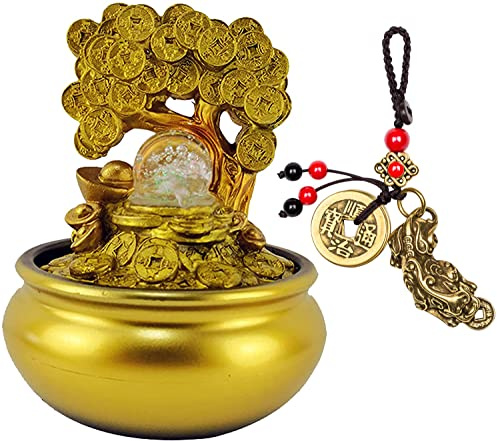HSINYA Feng Shui Money Tree Tabletop Water Fountains Indoor Small with Lights Waterfall Indoor Fountain with Rolling Crystal Ball and Feng Shui Coins Keychain for Luck Home Japanese Decor for Wealth