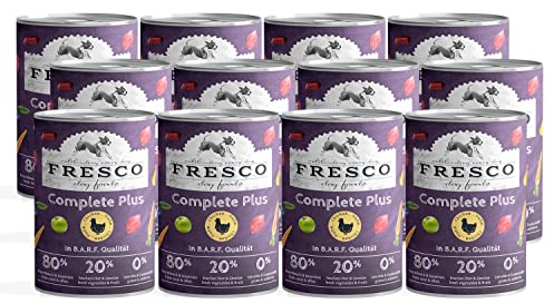 FRESCO Dog Nassbarf Complete Plus Huhn 12x400g | fleischiges & proteinreiches Hunde Nassfutter| getreidefreies Barf | aus 100% frischem Fleisch, Innereien, Obst und Gemüse | ohne künstliche Zusätze