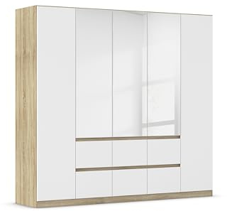 Rauch Möbel Mainz Armoire à Portes battantes en Bois Blanc chêne Sonoma avec Miroir à 5 Portes, 6 tiroirs avec Paquet d'accessoires Basic, 3 étagères, 3 tringles à vêtements, sans poignée (l x H x P