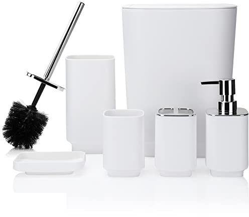 JOTOM Set di 6 accessori da bagno in plastica di lusso, set di accessori da bagno con bidone della spazzatura, scopino per WC, portaspazzolino, bicchiere, portasapone, dispenser di sapone, set regalo