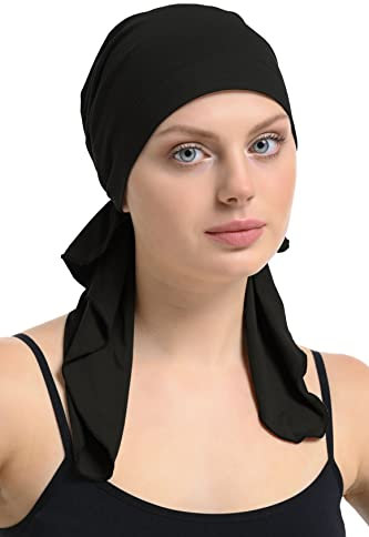Bamboo and Cotton Chemo Headwear Hair Loss Fitted Pre-Tied Bandana (Black)