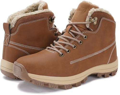 WHITIN Men's Winter Shoes Snow Boots for Cold Weather Outdoor Hiking Warm Size 10 Fur Leather Waterproof Ankle Casual Work Insulated Chestnut 44