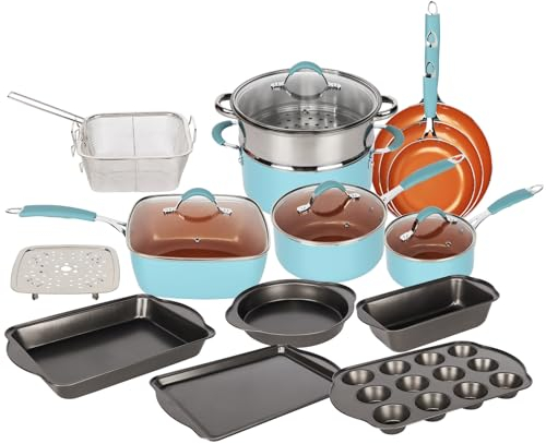 Gr8 Home 19 Piece Induction Cookware Set Non Stick Cooking Pot Frying Pan Steamer Saucepan Kitchenware Bakeware with Lids (Blue and Copper)