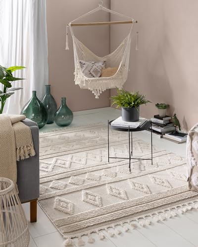 benuta Pop Teppich OYO - Creme 120x180 cm - Eleganter Boho Look Teppich für Schlafzimmer und Wohnzimmer - Maschinengewebt - Für Fußbodenheizung geeignet
