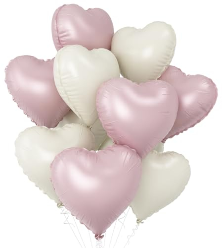 Pink White Heart Balloons,10Pcs Cream Baby Pink Foil Heart Shaped Balloons,18Inch Sand White Helium Balloon for Valentines,Engagement,Birthday,Baby Shower,Wedding Party Decorations
