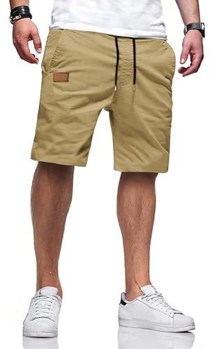 TARAINYA Shorts Herren Kurze Hose Herren Tunnelzug Baumwolle Sommer Chino Casual mit Taschen Hellkhaki L