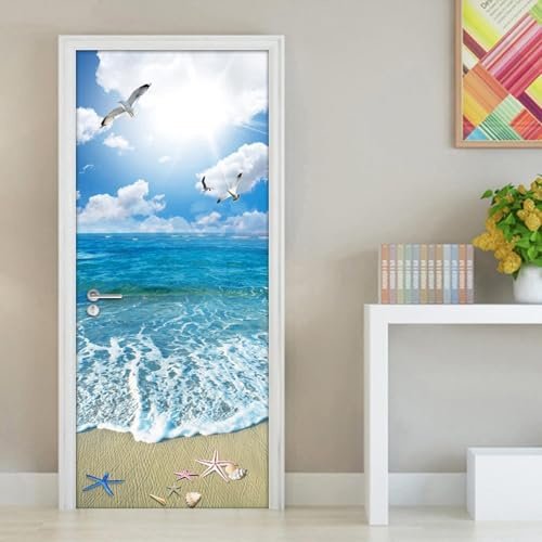 Adesivi per Porte Interne Vista Mare Adesivo Porta Interna Stella Marina Sulla Spiaggia 3D Murale Decorazione Camera Da Letto Bagno Poster Porta Autoadesivo Carta Da Parati 80x200 cm 4351A