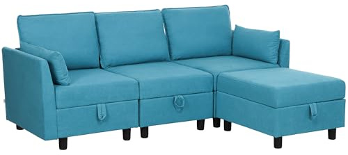 HOMCOM Divano Modulare Componibile con Pouf e Contenitori, Divano 3 Posti Angolare a L con Cuscini e Rivestimento in Flanella per Soggiorno, 213x156x88 cm, Blu