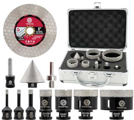 FOCSTOL Broca Diamante Porcelanico - Corona Diamante Porcelanico para Azulejos Marmol Ceramica 11 piezas (6/8/10/25/35/50/68mm+50mm Broca Chaflán Biselado+10mm Fresa+Adaptador+125mm Disco)