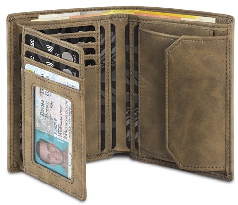 TENBST Geldbörse Herren mit RFID Schutz, Portmonee mit 15 kartenetui, Ausweisfenster & Fotofenster, Münzfach mit Knopf, 2 Geldscheinfächern, Herren Geldbörse mit Geschenkbox – Braun
