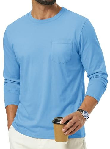 TACVASEN Thin Long Sleeve Crew Neck Shirts for Men Pocket Casual Stylish Cotton Light Shirts Breathable Waterfall Blue L