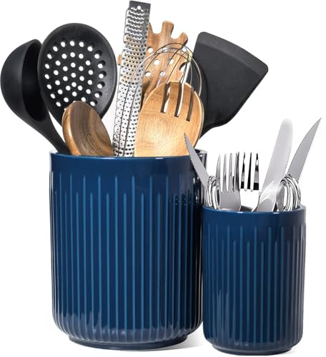 Linksandt Utensil Holder, 2 Pack Ceramic Kitchen Utensil Holder for Countertop, Large Cooking Utensil Crocks for Kitchen Counter, Organizer Decor, Spatula Cutlery Holder, Set of 3, Blue