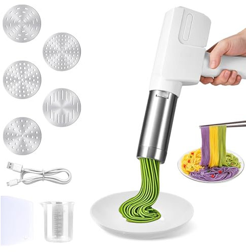 MeYuxg Machine a Pate Electrique,Portable Machine a Pates Fraiche Electrique avec 5 Moules à Presser, Amovible Machine a Pate, pour Fabrication Spaghetti/Fettuccine, Rechargeable