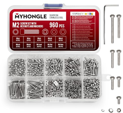 Set di 960 viti M2, viti cilindriche in acciaio inox con esagono interno, set di viti e dadi con rondelle, assortimento di viti esagonali per macchine, set di viti filettate