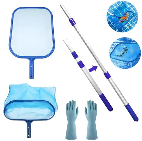 Voarge Set di reti telescopiche + 34 cm di profondità con asta telescopica e guanto in gomma, per piscina, laghetto, spa, acquario, piscina per bambini, vasca idromassaggio