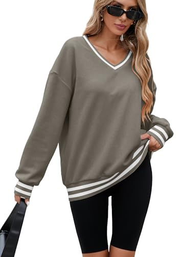 Famulily Casual Long Sleeve Tops for Women Winter Striped V Neck Tunic Pullover Sweatshirt Spring Autumn Basic Clothes Coffee M