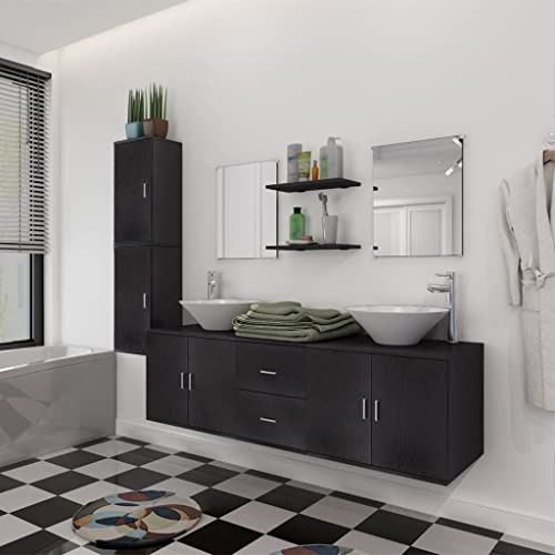 HaoChrymec Conjunto de Mueble de Baño de 9 Piezas, Material a Base de Madera, Lavabo Blanco, Armario de Baño con Espejos, Estantes y Cajoneras, para Baño y Tocador, Color Negro, 150 x 45 x 45 cm
