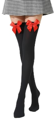 GHKJOK Black Velvet Over Knee Socks with Red Bow – Long Thigh High Socks for Women, Soft Breathable Stretch Fit, Lace Trim Opaque Stockings for Costume Parties, Christmas Day & Daily Wear