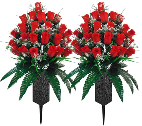 Mirevielyn 24-Stem Artificial Rose Cemetery Flowers with Spiked Vases