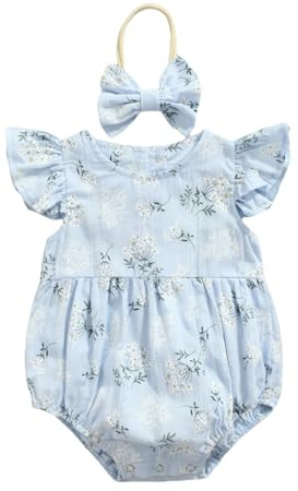 Acrawnni Newborn Baby Girl Clothes Ruffle Sleeve Floral Print Romper Jumpsuit Bow Headband Cute Summer Clothes Set (A-Blue, 0-6 Months)