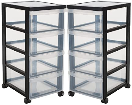 Kreher® Set aus 2 Stück Rollwagen, Bürowagen mit jeweils 4 Schubladen. Aus Kunststoff. Rahmen in Schwarz, Schübe in Transparent. Rollen auf Metallachse. Maße pro Rollwagen BxTxH: 32 x 41 x 68 cm.