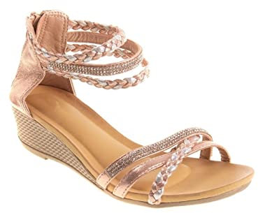 Sandales Femme Petit Talon compensé Bride Cheville tressée & strass,Rose,38 EU