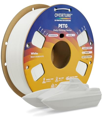 OVERTURE PETG Filament Aufgerüstet 1,75 mm, 1kg (2,2 lbs) Spule, 3D-Druck-Filament, Maßgenauigkeit +/- 0.02 mm (Weiß)