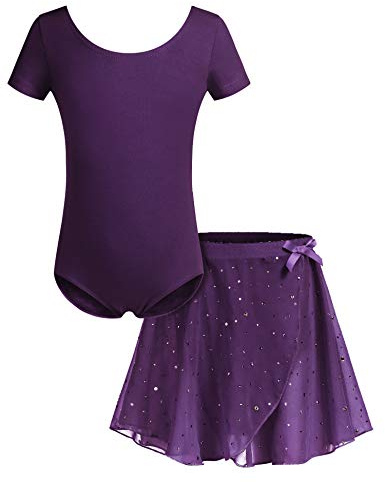 Bricnat Mädchen Ballettkleidung Ballettkleid Tanzbody Ballettkostüme Balletttrikot Kurzarm Tanzkleid mit Tütü Kinder Baumwolle Lila 150