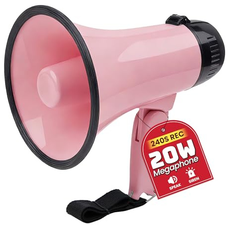 MyMealivos 20W Megaphone Bullhorn, Built in Siren & 240s Recording, 5.4×8.6 Portable Megaphone with Volume Control Cover Up to 300 feet+ for Indoor and Outdoor Activities(Pink)