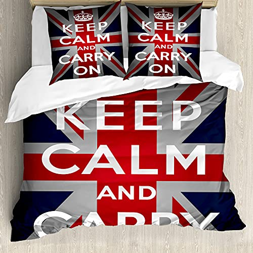 ABAKUHAUS Union Jack Bettbezug Set für Einzelbetten, Wörter Crown UK Flagge, Milbensicher Allergiker geeignet mit Kissenbezug, 155 cm x 200 cm - 80 x 80 cm, Marine-Blau, Rot, Weiß