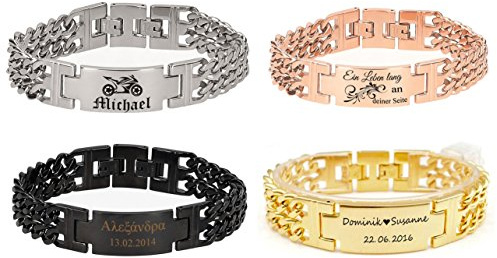 aplusashop ID Edelstahl Armband mit Gravur nach Wunsch Doppelpanzerarmband massiv, 4 Farben (Gold)