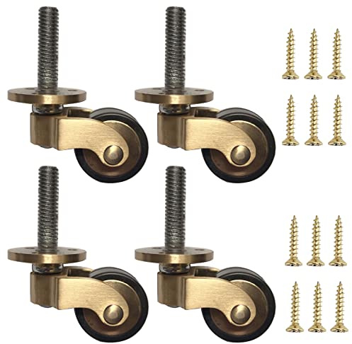 4x Rotelle per Mobili in Ottone Lucido Antico,25mm Piccola mini Ruote Girevoli in gomma,Rotelle Pivotanti con Asta Filettata in Ferro Zincato,per Mobili,Poltrone,Divano,Carico 150kg