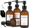 MONOKO 4er Set Seifenspender Braun Matt aus Glas | Shampoo Flaschen zum Befüllen | 250ml Spülmittelspender Küche | Spender Pumpkopf Edelstahl | Pumpflasche + Aufkleber