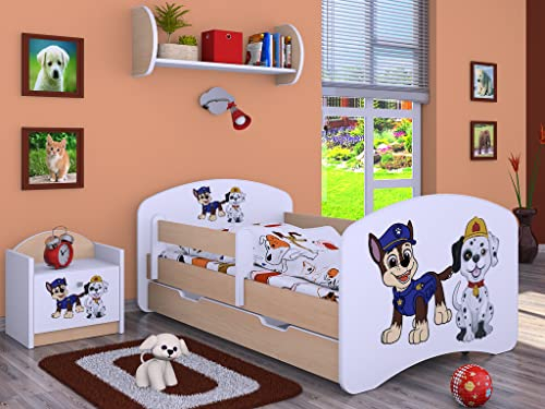Happy Babies Bett für Kinderzimmer 80X 160 mit Schublade, Bett und Matratze für Mädchen, Kinderbett mit Schutz vor dem Herausfallen und Einer Schublade, Einzelbett, Hundemotiv, Junge - Weiss