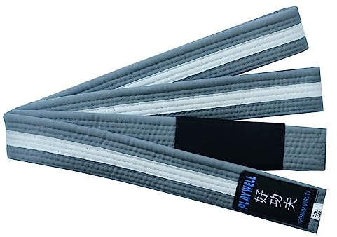 Playwell Martial Arts Kinder BJJ Ju, Jiu Jitsu-Gürtel mit weißen Streifen, 250 cm, Grau