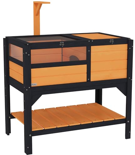 PawHut Tortoise House w/Shelf, Small Pet Reptile Wooden House w/Hide Shelter Den and Run, Lamp Holder, Tray, for Indoors, Outdoors - Yellow