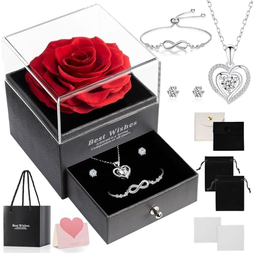 Tarocat Véritable Rose Éternelle avec Collier, Boucles d'Oreilles, Bracelet, Boîte Cadeau à Roses pour Saint-Valentin, Anniversaire de Mariage pour Elle, Petite Amie
