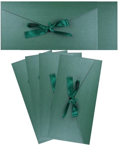 4 Pack Kraft Paper Envelopes with Ribbons, 22 * 10.9 cm Luxury Mailing Envelopes, Invitation Envelope for Festival, Party, Greeting Cards, Gift Cards - Dark Green